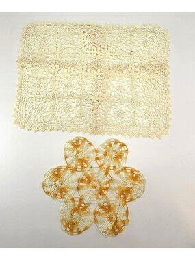 Handmade Vintage Crochet Lace Doily Set Rectangular & Floral Cream Orange CM2287